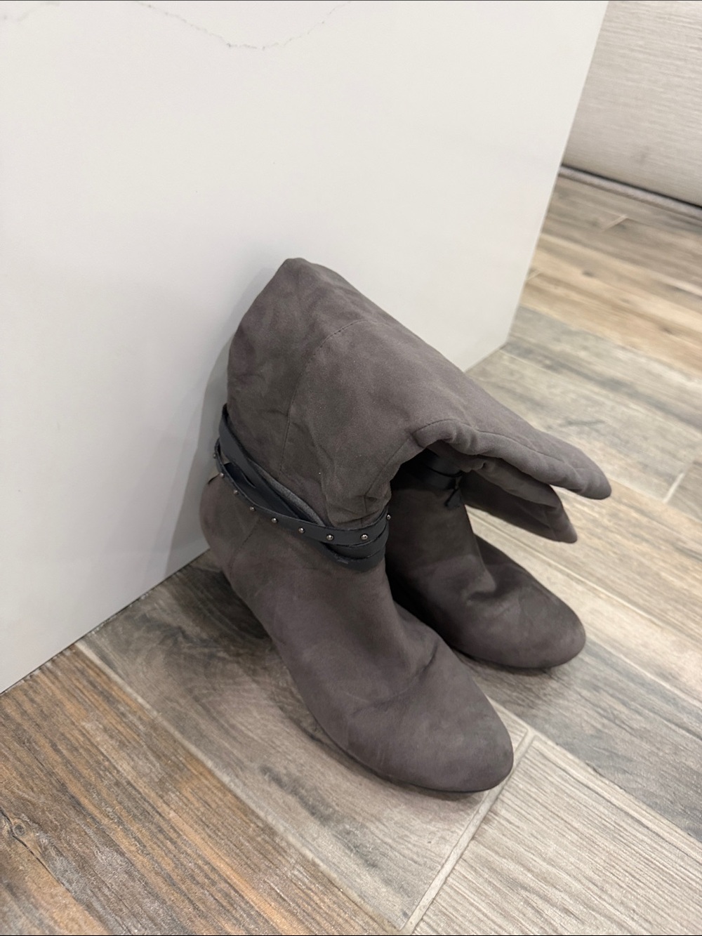 Gray Suede women Boots with Studded Strap